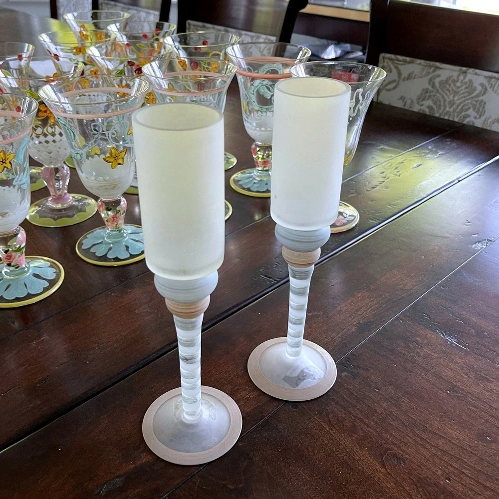 Tracy Porter Champaign Art Glass Frosted Cylinder‎ Striped Stem Whimsy Flute 1PC